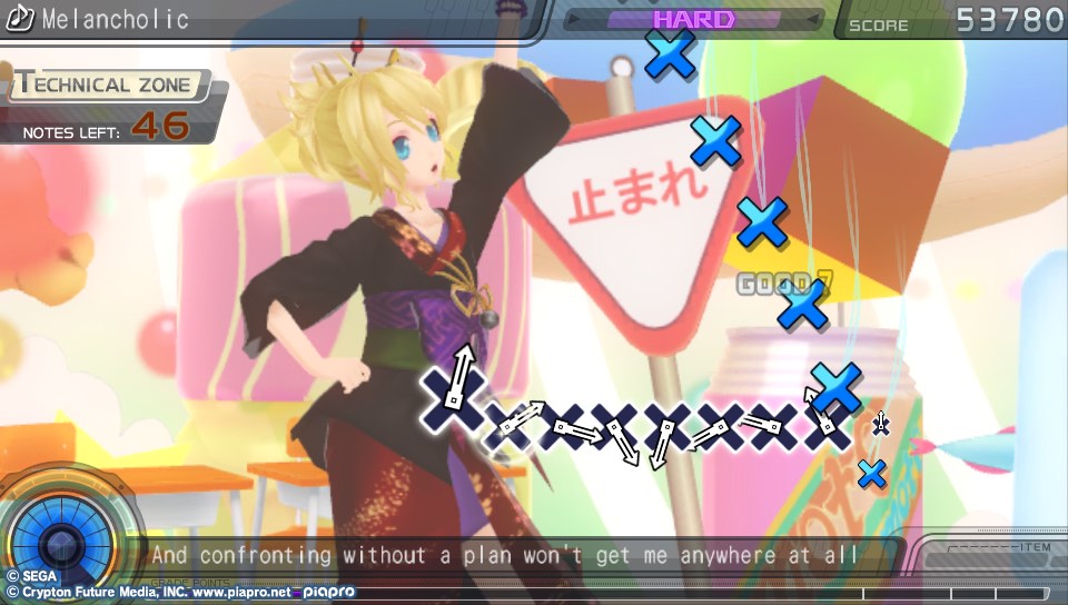 A screenshot of Project Diva f, with subtitles saying: "And confronting
   without a clear plan wont get me anywhere at all"