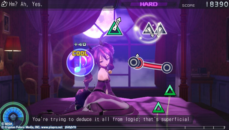 A screenshot of Project Diva f, with subtitles saying: "Youre trying to
   deduce it all from logic; thats superficial